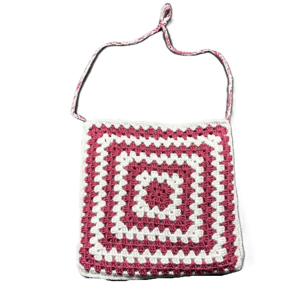Handmade Granny Square Crochet Purse Bag Crossbody Hot Pink White Boho Festival